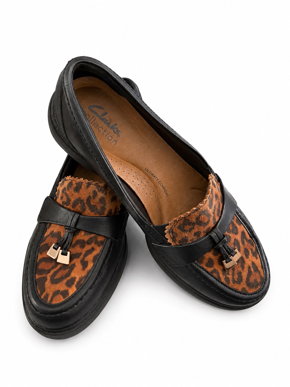 Clarks Black Leather Loafers with Leopard Print Accent